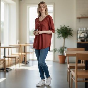 Heyson Women’s Top Waffle Texture Rust 3-Botton S. Sleeve Hi-Lo Size-L NWT